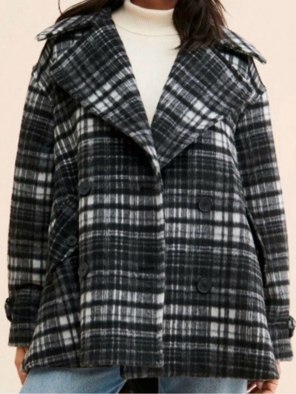 NWT Free People Black & White Plaid Double-Breasted Peacoat - Oversized XL